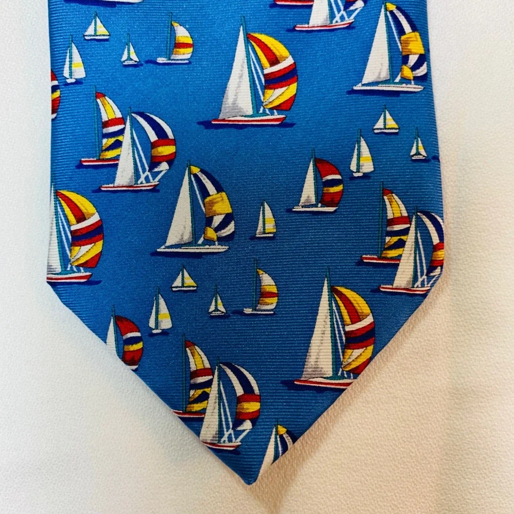 Serry's Blue Silk Necktie Sailboat Pattern Nautical Menswear Fashion Tie Hanover